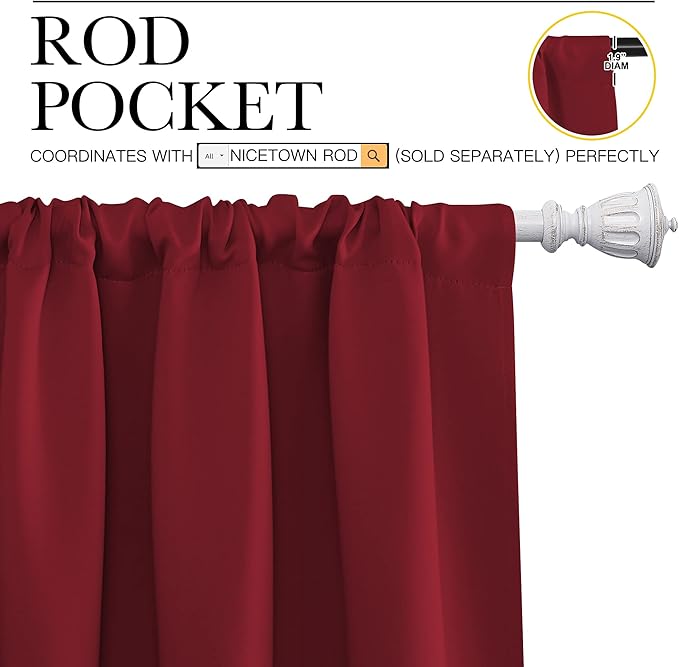 NICETOWN Christmas Burgundy Red Curtains Blackout Drape Panels - Lights Block Out Window Treatment Short Curtain Sets for Loft and Basement Decoration (Set of 2, 34 by 54-Inch)