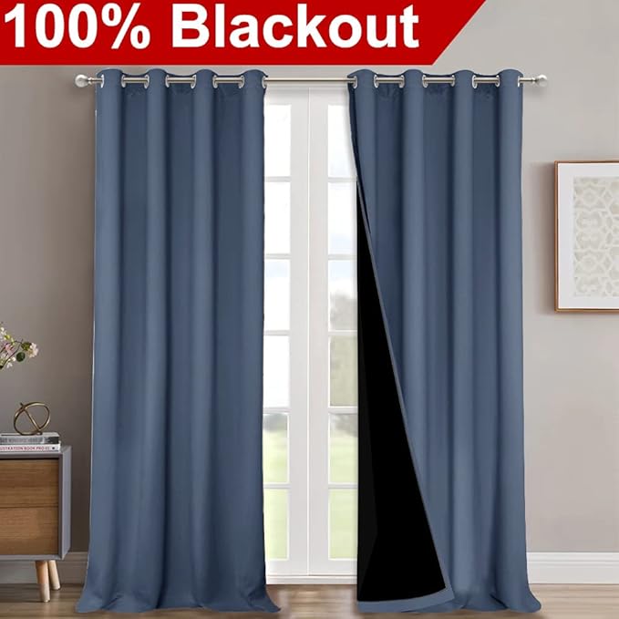 NICETOWN 100% Blackout Curtains for Windows, Pack of 2, Stone Blue, 52" W x 102" L, Super Heavy-Duty Black Lined Total Darkness Drapes for Bedroom, Privacy Assured Window Treatment for Patio