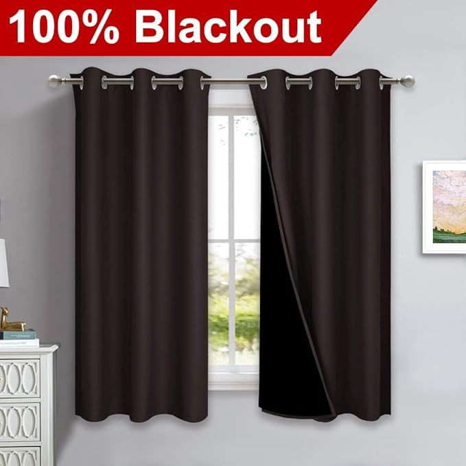 NICETOWN 100% Blackout Curtains 45 inches Long, 1 Pair, Brown, 42 inches Width Each Panel, 2 Thick Layers Completely Blackout Window Treatment Thermal Insulated Lined Drapes for Small Window