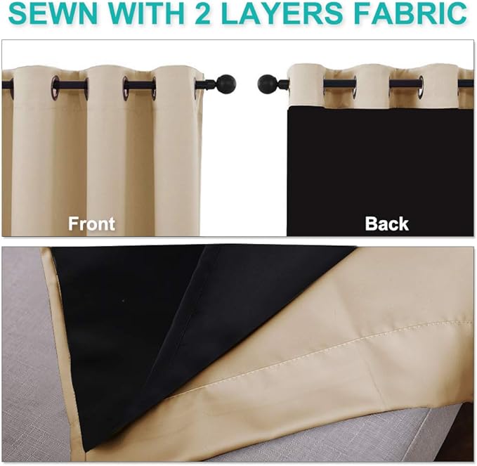 NICETOWN Thermal Insulated 100% Blackout Curtains, Sound Proof Drapes with Black Backing, Full Light Blocking Panels for Patio Sliding Door (Biscotti Beige, 1 Pair, 55 inches x 102 inches)