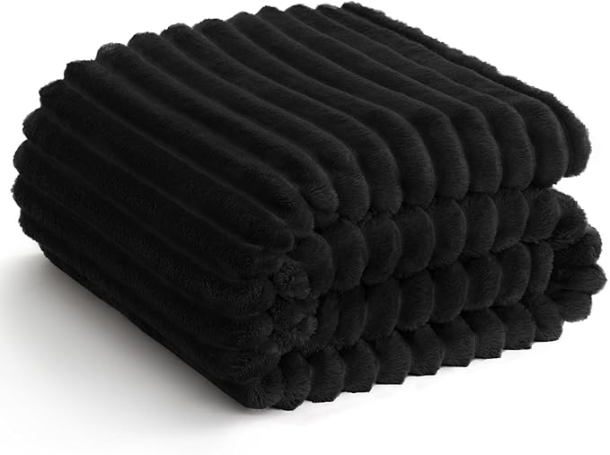 HIMEET Black Ribbed Queen Size Blanket for Bed - 300GSM Lightweight Fleece Blanket for Men Women, Large Cozy Sofa Couch Cover Bed Blankets Gifts, Striped Spring Home Room Decor, Black, 90x90 Inches