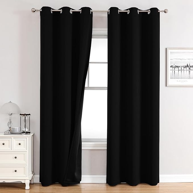 ChrisDowa 100% Blackout Curtains 72 inch Long for Bedroom with Black Liner, 2 Thick Layers Total Blackout Thermal Insulated Grommet Window Curtains 2 Panels Set (Black, 42 x 72 Inch)