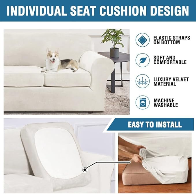 H.VERSAILTEX High Stretch Sofa Slipcover 4 Piece Cover Velvet Furniture Protector Form Fit Thick Velvet Extra Large Sofa Cover for 3 Cushion Couch Width Up to 97 Inch (Large Sofa, Porcelain White)
