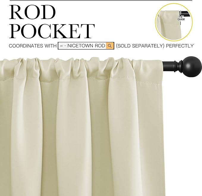 NICETOWN Blackout Curtains for Bedroom, Home Decorations Thermal Insulated Solid Rod Pocket Blackout Drapes for Cafe (Beige, One Pair, 62 x 63-inch)