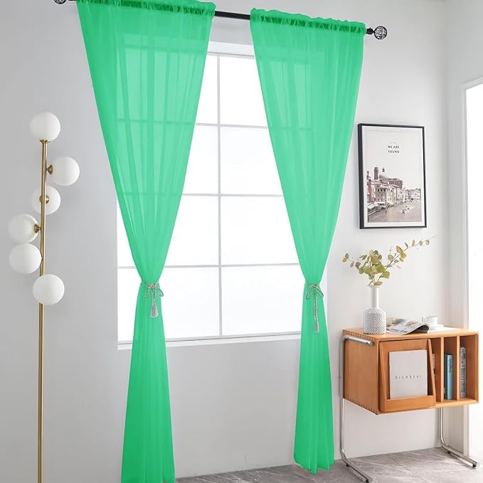 SpaceDresser Basic Rod Pocket Sheer Voile Window Curtain Panels Grass Green 1 Pair 2 Panels 52 Width 72 Inch Long for Kitchen Bedroom Children Living Room Yard（Grass Green, 52W x 72L）