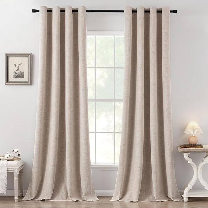 MIULEE 100% Blackout Linen Textured Curtains for Bedroom 104 Inches Extra Long Thermal Insulated Natural Beige Grommet Room Darkening Curtains & Drapes Luxury for Living Room Nursery (2 Panels)