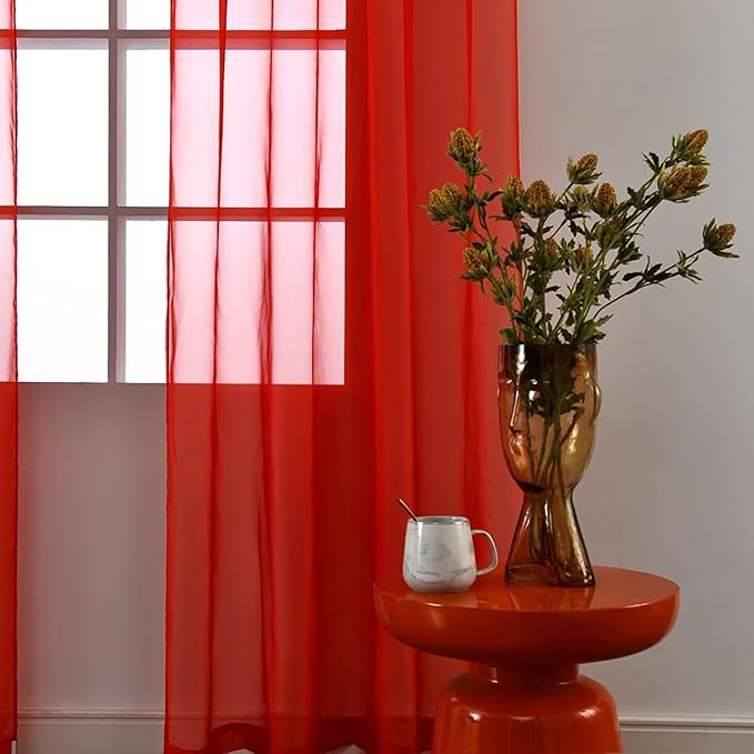 SpaceDresser Sheer Red Curtains 4 Panels Rod Pocket Semi-Sheer Curtain 45 Inches Long Light Filtering Voile Window Drapes for Bedroom Living Room Kitchen, Each 52W x 45L