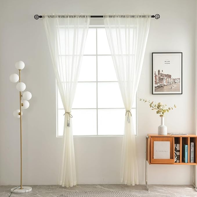 SpaceDresser Ivory Sheer Curtains 4 Panels Rod Pocket Semi-Sheer Curtain 96 Inches Long Light Filtering Voile Window Drapes for Bedroom Living Room Kitchen, Each 52W x 96L