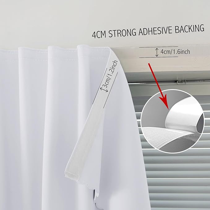 self Adhesive Curtains Portable Blackout Curtain Simple and Easy to Install Bedroom Window Thermal Lnsulated Kitchen Room Darkening Black Small Drapes, 47" W X 71" L, White, 1 Panel