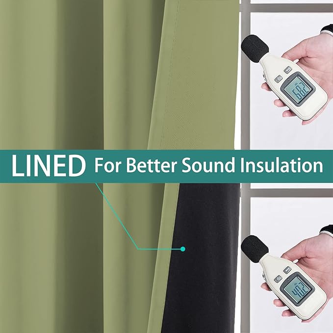 Yakamok 100% Blackout Window Curtain Panels, Heat and Full Light Blocking Drapes with Black Liner for Nursery,Thermal Insulated Draperies (Sage, 2 Pieces, 52Wx90L)