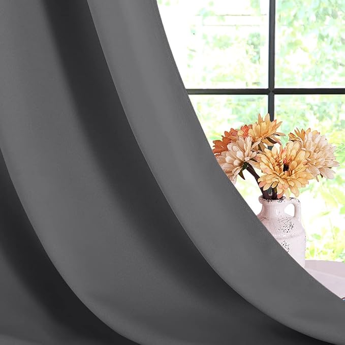 NICETOWN Bedroom Curtains Blackout Drapery Panels, Three Pass Microfiber Thermal Insulated Solid Ring Top Blackout Window Curtains/Drapes (Two Panels, 70 x 108 inches, Gray)