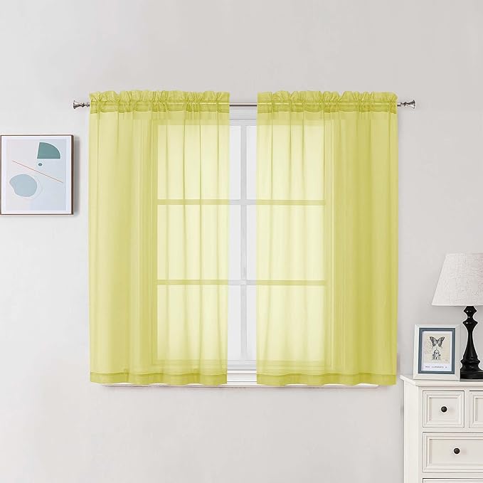 Chyhomenyc Sheer Curtains 63 Inch Length 2 Panels Set, Light Filtering Rod Pocket Window Curtain Treatment Drapes for Bedroom Living Room, Each 42Wx63L, Set of 2, Lemon