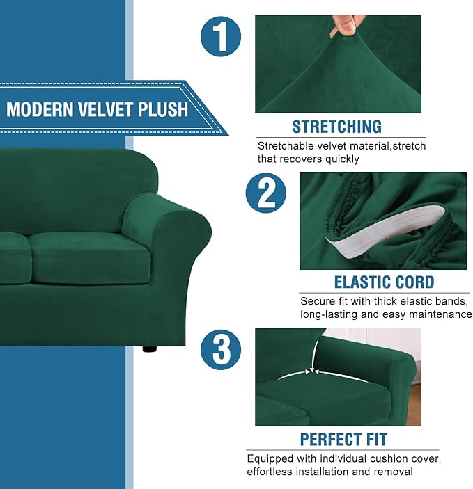 H.VERSAILTEX Modern Velvet Plush 4 Piece High Stretch Sofa Slipcover Furniture Protector Form Fit Velvet Extra Large Sofa Cover for 3 Cushion Couch Width Up to 105 Inch(XL Sofa, Vintage Green)