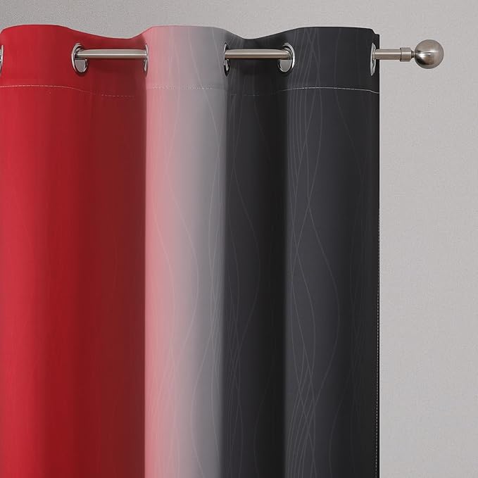 Estelar Textiler Ombre Red and Black Curtains 63 Inch Length 2 Panels, 100% Blackout Curtains for Living Room, Grommet Thermal Insulated Drapes, Full Light Blocking Curtains for Bedroom, 42x63 Inch