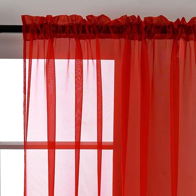 SpaceDresser Sheer Red Curtains 4 Panels Rod Pocket Semi-Sheer Curtain 90 Inches Long Light Filtering Voile Window Drapes for Bedroom Living Room Kitchen, Each 52W x 90L
