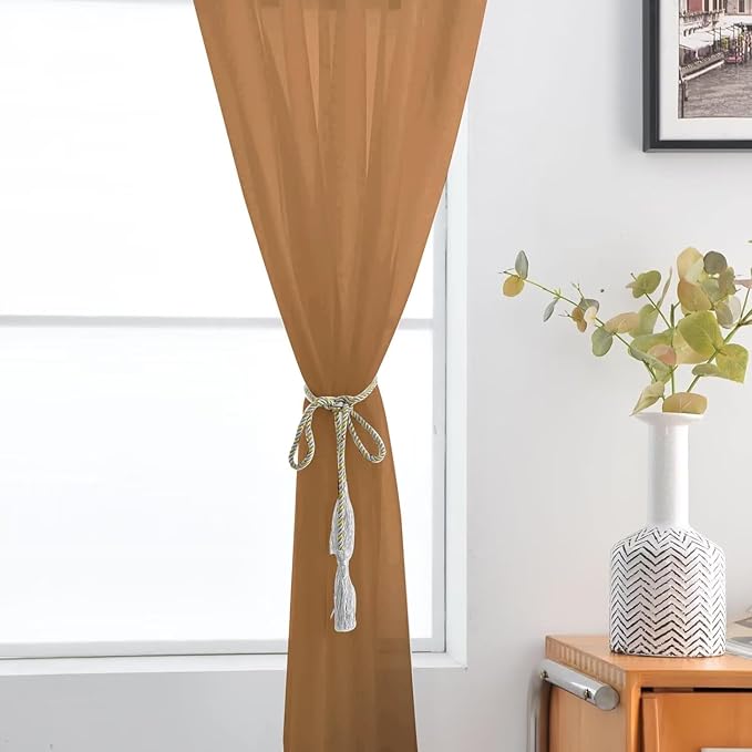 SpaceDresser Basic Rod Pocket Sheer Voile Window Curtain Panels Light Brown 1 Pair 2 Panels 52 Width 90 Inch Long for Kitchen Bedroom Children Living Room Yard（Light Brown, 52W x 90L）