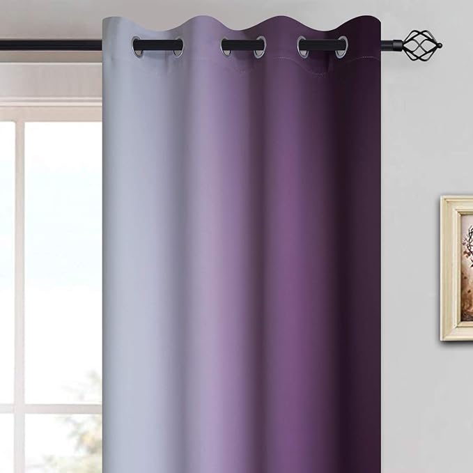 Yakamok Thermal Insulated Ombre Curtains 63 Inch Length 2 Panels, Greyish White and Purple Light Blocking Gradient Color Curtains, Room Darkening Grommet Window Drapes for Bedroom