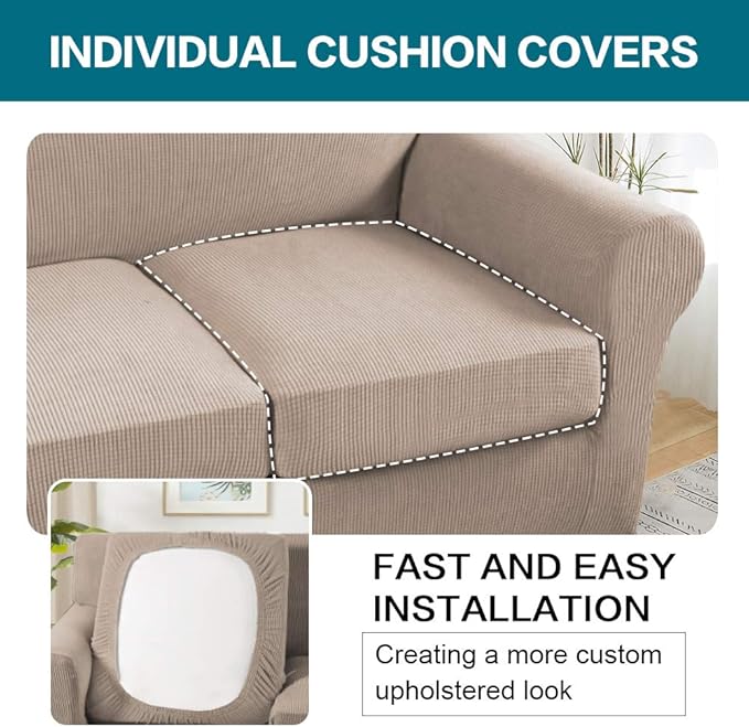 Turquoize 4 Piece Sofa Covers for 3 Cushion Couch Sofa Slipcover Soft Couch Cover for Dogs-Washable Sofa Furniture Covers with 3 Individual Large Cushion Covers, Feature Thick Fabric (XL Sofa, Sand)