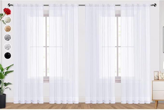 SpaceDresser Optical White Sheer Curtains 4 Panels Rod Pocket Semi-Sheer Curtain 84 Inches Long Light Filtering Voile Window Drapes for Bedroom Living Room Kitchen, Each 52W x 84L