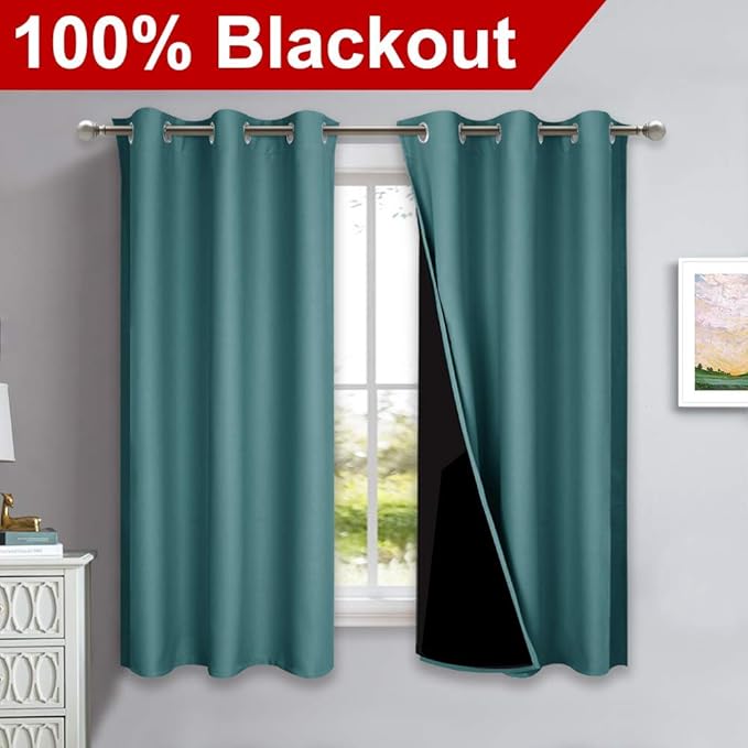 NICETOWN 100% Blackout Short Curtains with Black Liners, 2 Panels, 37" W by 60" L, Sea Teal, Solid Thermal Insulated Full Blackout 2-Layer Lined Drapes, Energy Efficiency Window Draperies for Bedroom