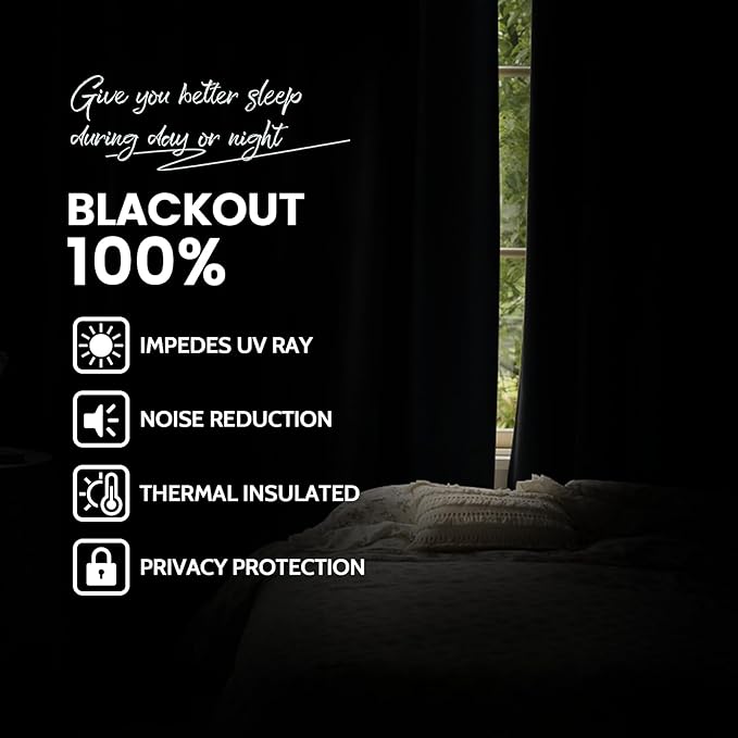 Yakamok 100% Blackout Curtains Black Room Darkening Thermal Insulated Window Curtain with 2 Thick Layers-Set of 2 Panels Grommet Top Drapes for Bedroom Living Room 52 Inches by 72 Inches Length