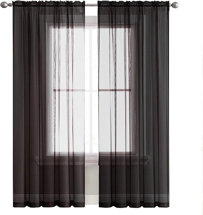SpaceDresser Black Sheer Curtains 4 Panels Rod Pocket Semi-Sheer Curtain 54 Inches Long Light Filtering Voile Window Drapes for Bedroom Living Room Kitchen, Each 52W x54L