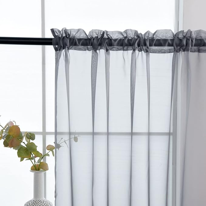 SpaceDresser Sheer Voile Window Treatment Rod Pocket Curtain Panels for Kitchen Bedroom Living Room Drapes Sunlight Filtering Privacy Semi Home Decor Assorted Colors Sizes (Grey, 52 W x 84 L)