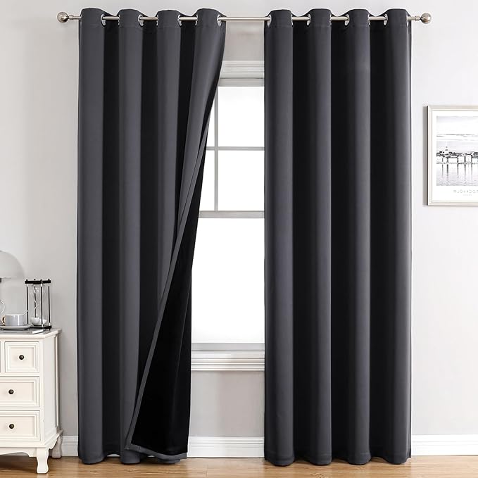 ChrisDowa 100% Blackout Curtains 80 inch Long for Bedroom with Black Liner, 2 Thick Layers Total Blackout Thermal Insulated Grommet Window Curtains 2 Panels Set (Dark Grey, 52 x 80 Inch)