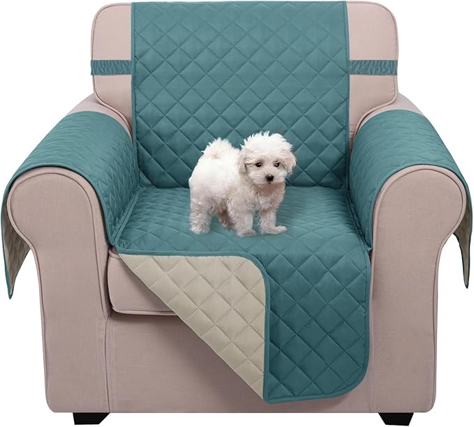 U-NICE HOME Reversible Oversized Chair Covers Quilted Water Repellent Pet Protectors with Elastic Straps(28''Armchair, Blue/Beige)