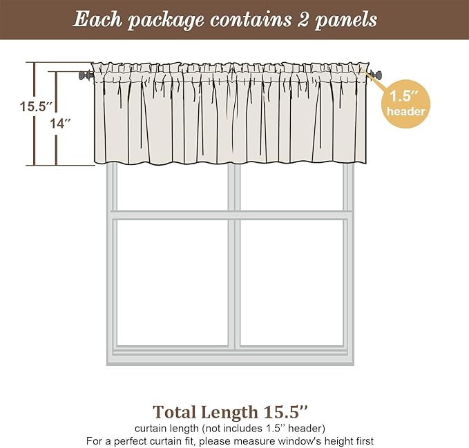 Chyhomenyc Sheer Valances for Windows - Light Filtering Small Window Curtains for Living Room Bathroom Cafe Laundry Basement, Modern Dual Rod Pocket Voile Curtain, 42Wx14L inches, Light Yellow, 2 PCS