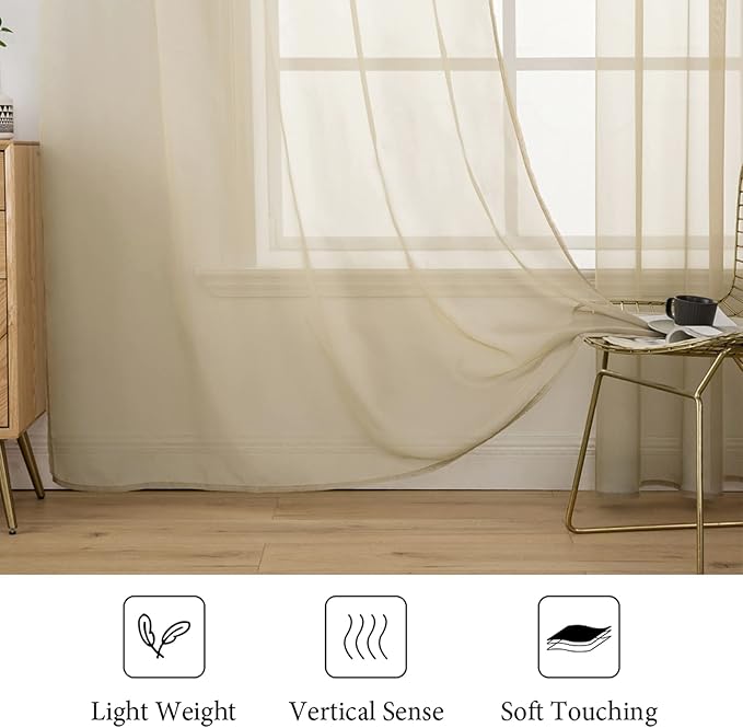 MIULEE 2 Panels Solid Color Sheer Window Curtains Elegant Window Voile Panels/Drapes/Treatment for Bedroom Living Room (54X63 Inches Beige)