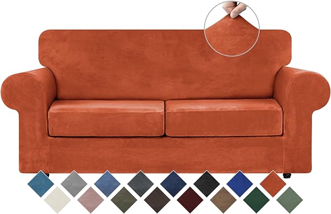 WEERRW Velvet Couch Covers for 2 Cushion Couch Sofa - High Stretch Luxury Velvet Plush 3 Pieces Sofa Slipcovers with Elastic Bottom, Furniture Protector for Pets, Machine Washable, Pumpkin, Medium