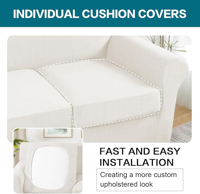 Turquoize 3 Piece Sofa Covers for 2 Cushion Couch Sofa Slipcover Soft Couch Cover for Dogs-Washable Sofa Furniture Cover with 2 Individual Cushion Covers, Thick Jacquard Fabric (Loveseat, Porcelain)