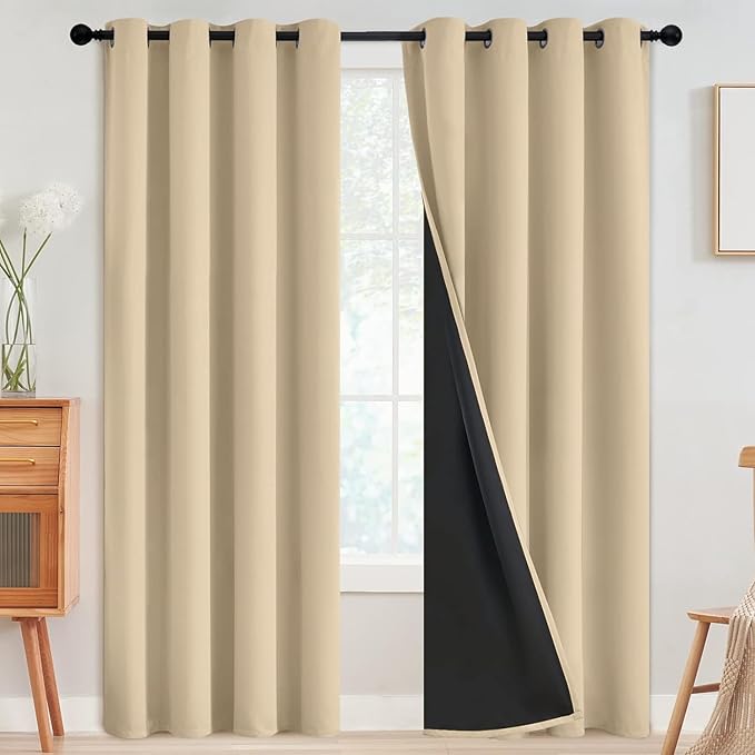 SimpleHome 100% Blackout Curtains for Bedroom,Thermal Insulated Beige Grommet Window Drapes Room Darkening Curtains for Living Room with Black Back,52 x 90 Inch,2 Panels