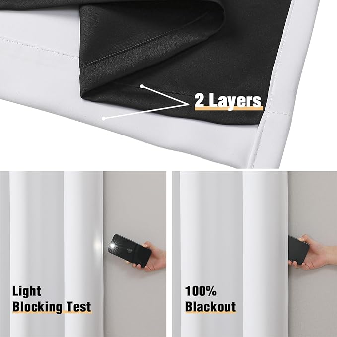 ChrisDowa 100% Blackout Curtains 78 inch Long for Bedroom with Black Liner, 2 Thick Layers Total Blackout Thermal Insulated Grommet Window Curtains 2 Panels Set (Pure White, 42 x 78 Inch)