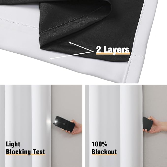 ChrisDowa 100% Blackout Curtains 63 inch Long for Bedroom with Black Liner, 2 Thick Layers Total Blackout Thermal Insulated Grommet Window Curtains 2 Panels Set (Pure White, 38 x 63 Inch)