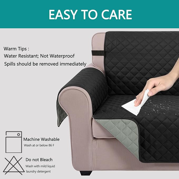 U-NICE HOME Large Sofa Cover Reversible Couch Cover for Dogs with Elastic Straps Water Resistant Furniture Protector for Pets Couch Cover for 4 Cushion Couch (Oversized Sofa, Black/Grey)