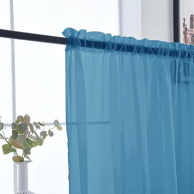 SpaceDresser Basic Rod Pocket Sheer Voile Window Curtain Panels Blue 1 Pair 2 Panels 52 Width 96 Inch Long for Kitchen Bedroom Children Living Room Yard（Blue, 52W x 96L）