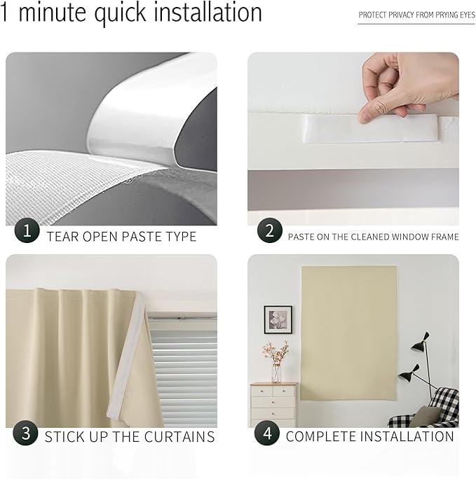 Self Adhesive Portable Blackout Curtains for Bedroom Easy to Install Window Thermal Lnsulated Kitchen Room Darkening Small Window Curtains, 59" W X 96" L, Beige, 1 Panel