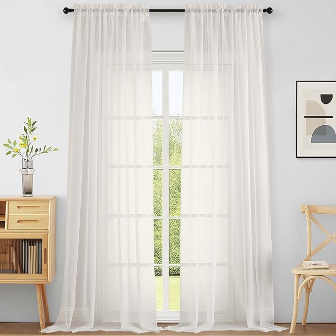 Extra Wide Ivory Sheer Curtains for Windows 108 inches Long, Lightweight Light Filtering Soft Drapes for Living Room Bedroom, Dual Rod Pocket Sheer Curtains, 2x59Wx108L inches, 9FT, 2PCS