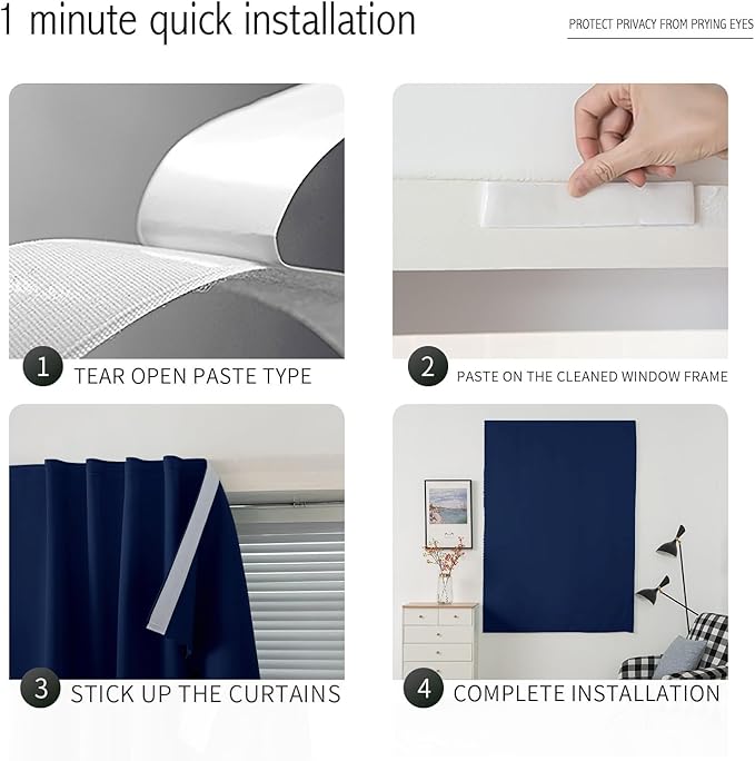Self Adhesive Portable Blackout Curtains for Bedroom Easy to Install Window Thermal Lnsulated Kitchen Room Darkening Small Window Curtains, 59" W X 71" L, Navy Blue, 1 Panel