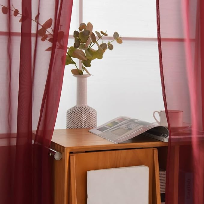 SpaceDresser Basic Rod Pocket Sheer Voile Window Curtain Panels Burgundy 1 Pair 2 Panels 52 Width 90 Inch Long for Kitchen Bedroom Children Living Room Yard(Burgundy,52 W x 90 L)