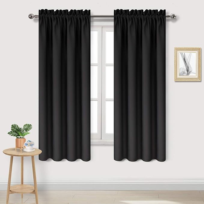 DWCN Blackout Curtains for Bedroom - Thermal Insulated Privacy Energy Saving Rod Pocket Drapes for Living Room, W 38 x L 63 Inch, Black, Set of 2