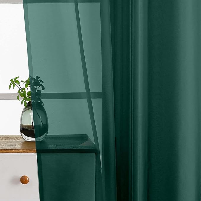 Green Window Sheer Curtains 45 Inches Length, Voile Short Curtains for Christmas, Modern Soft Window Drapes 2 Panels Set, Top Dual Rod Pocket, Hunter Green, 2x42Wx45L Inches