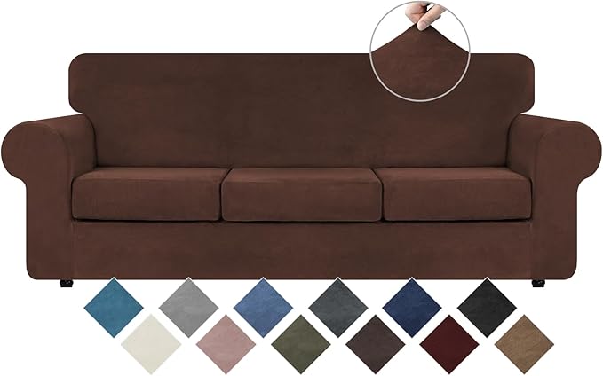 WEERRW 4 Pieces Velvet High Stretch Couch Covers for 3 Cushion Couch Sofa Slipcovers, Washable Furniture Protector with Non Slip Elastic Bottom, Feature Soft and Thick Plush Fabric, Chocolate, Large