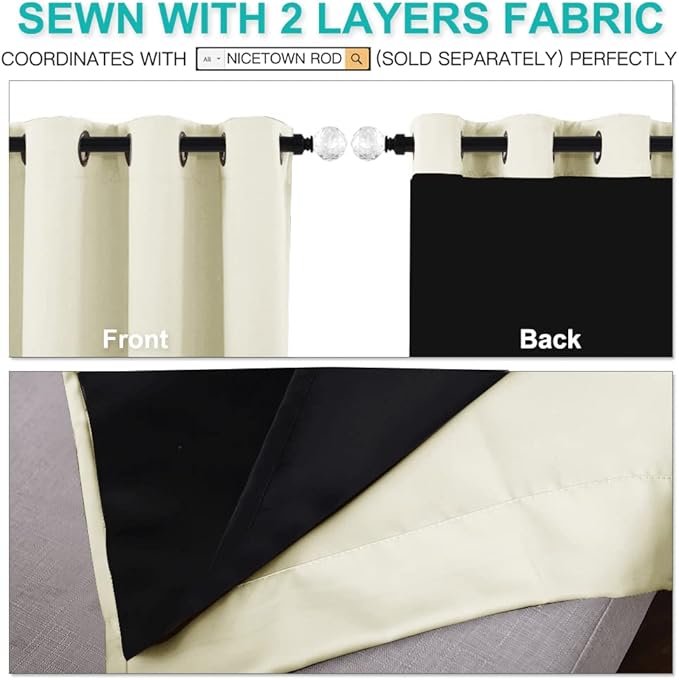 NICETOWN Living Room Completely Shaded Draperies, Privacy Protection & Noise Reducing Ring Top Drapes, Black Lined Insulated Window Treatment Curtain Panels (Beige, 2 Pieces, W70 x L63)