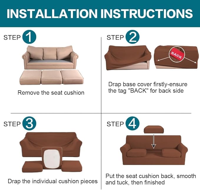 Turquoize 4 Piece Sofa Covers for 3 Cushion Couch Sofa Slipcover Soft Couch Cover for Dogs Washable Furniture Cover with 3 Individual Large Cushion Covers Feature Fabric (Large Sofa, Caramel)