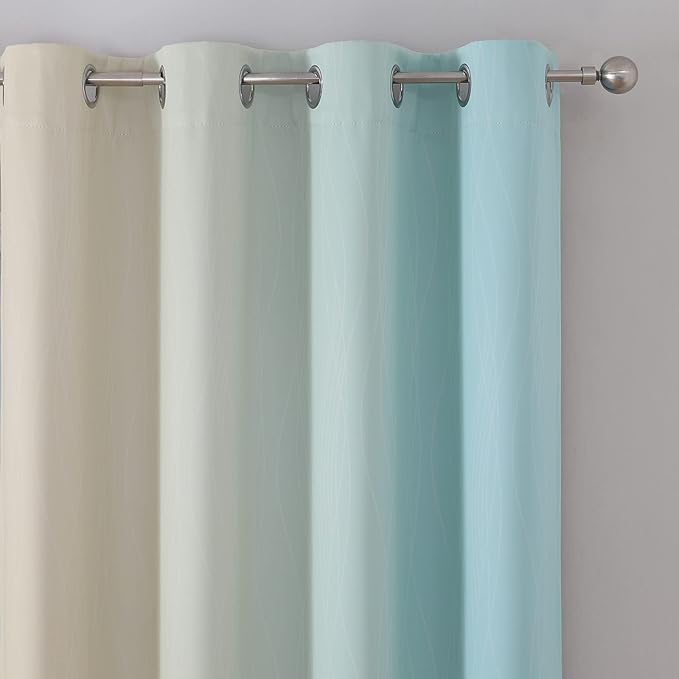 Estelar Textiler Beige and Aqua Ombre Blackout Curtains 90 Inch Length 2 Panels Set, Thermal Insulated Drapes for Bedroom, Full Room Darkening Grommet Gradient Curtains for Living Room,52Wx90L