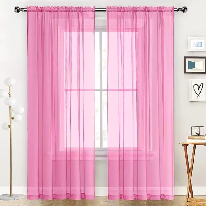 SpaceDresser Basic Rod Pocket Sheer Voile Window Curtain Panels Pink 1 Pair 2 Panels 60 Width 84 Inch Long for Kitchen Bedroom Children Living Room Yard（Pink, 60W x 84L）
