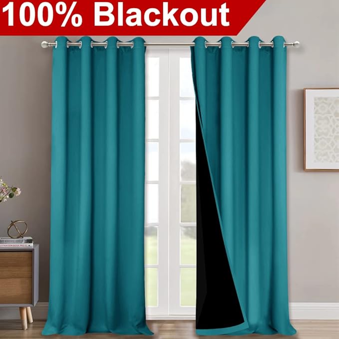 NICETOWN 100% Blackout Blinds, Set of 2, 46" x 96", Peacock Teal, Laundry Room Decor Window Treatment Curtains for Large Patio Sliding Door, Thermal Insulated Curtains for Bedroom